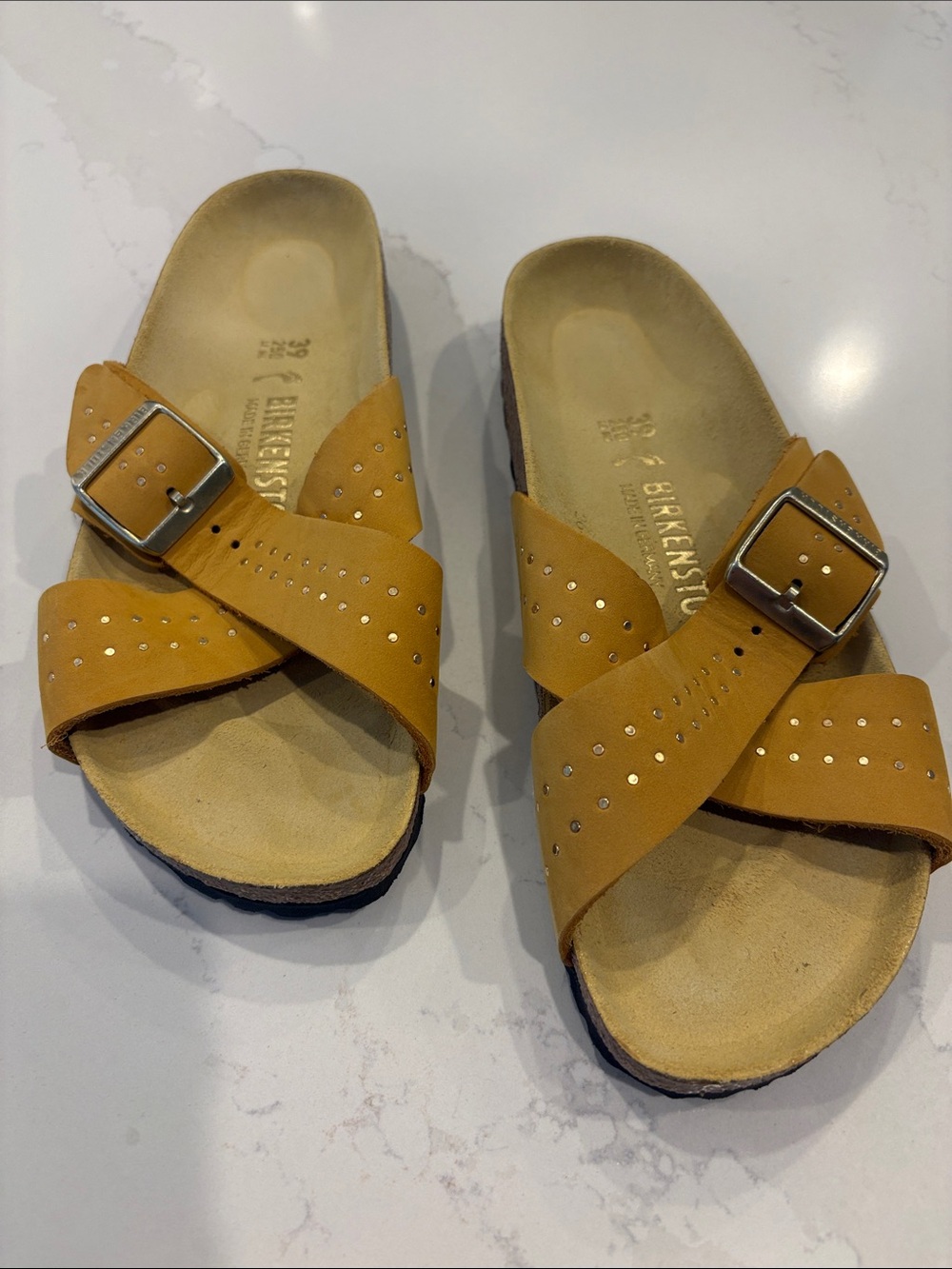 Birkenstock Yellow Crisscross Stud Slide Sandals